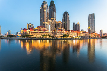 Tianjin city waterfront downtown skyline with Haihe river,China.