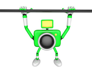 Green Camera character is hanging in horizontal bar. Create 3D Camera Robot Series.