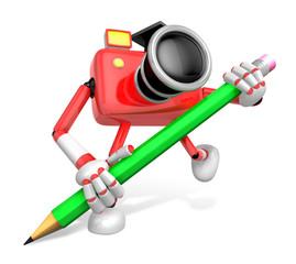 Red Camera Character pencil a handwriting. Create 3D Camera Robot Series.