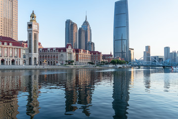Fototapeta na wymiar Tianjin city waterfront downtown skyline with Haihe river,China.