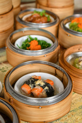 yumcha, dim sum in bamboo steamer,