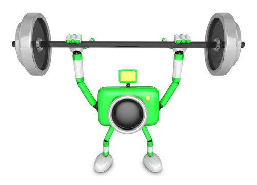 3D Green Camera character is doing powerful Weightlifting Exercises. Create 3D Camera Robot Series.