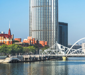 Naklejka premium Tianjin city waterfront downtown skyline with Haihe river,China.