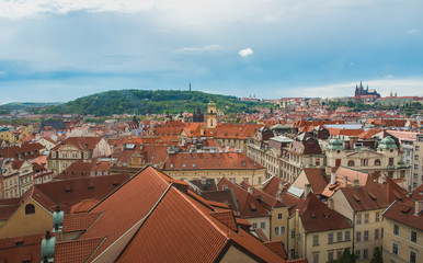 Prague view from above in  daytime with cloudy blue sky