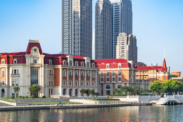 Tianjin city waterfront downtown skyline with Haihe river,China.