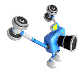 3D Blue Camera character a Dumbbell Kick Back Exercise. Create 3D Camera Robot Series.