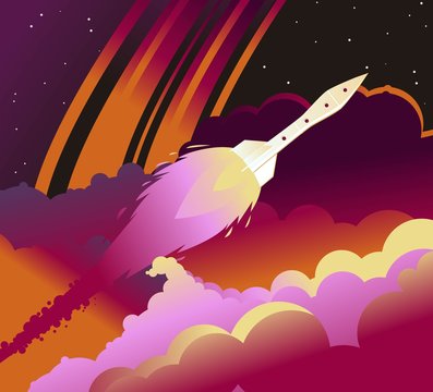 space rocket flying through nebula atmosphere