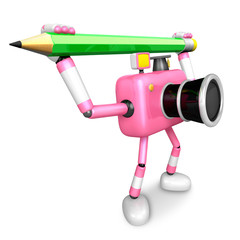 Pink camera with both hands holding a large pencil. Create 3D Camera Robot Series.