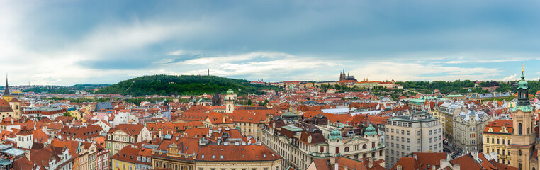 Fototapeta na wymiar Prague view from above in daytime with cloudy blue sky, Panorams