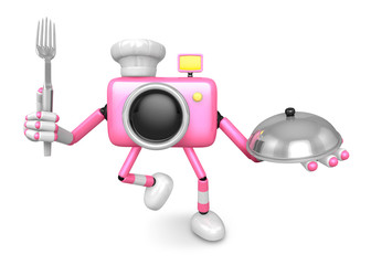 Obraz na płótnie Canvas Chef Pink Camera Character right hand, Plate in the left hand holding a fork. Create 3D Camera Robot Series.