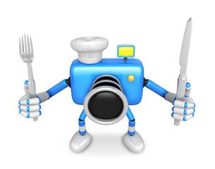 Chef Blue Camera Character right hand, Fork in the left hand holding a Knife. Create 3D Camera Robot Series.