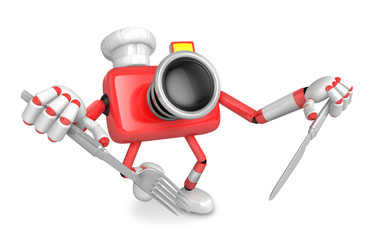 Chef Red Camera Character right hand, Fork in the left hand holding a Knife. Create 3D Camera Robot Series.