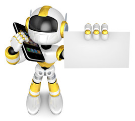 The gold Robot Phone calls and business cards showing. 3D Robot Character Design