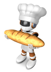 Brown chef robot character holding large baguettes matches. Create 3D Humanoid Robot Series.