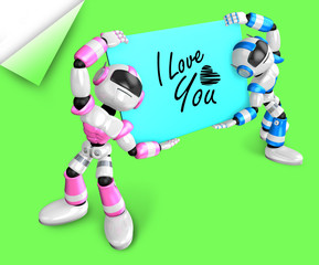 Pink robot and a blue robot is holding a big board. Create 3D Humanoid Robot Series.