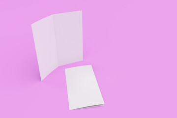 Blank white two fold brochure mockup on violet background