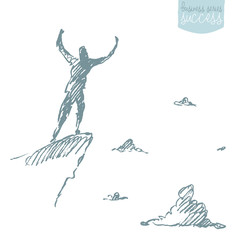Drawn vector silhouette man top hill sketch