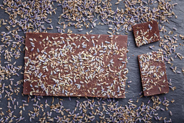 Dark chocolate bar with dried lavender flowers
