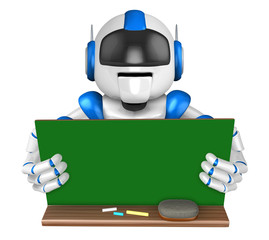 Blue robot Character is holding a blackboard with both hands. Create 3D Humanoid Robot Series.