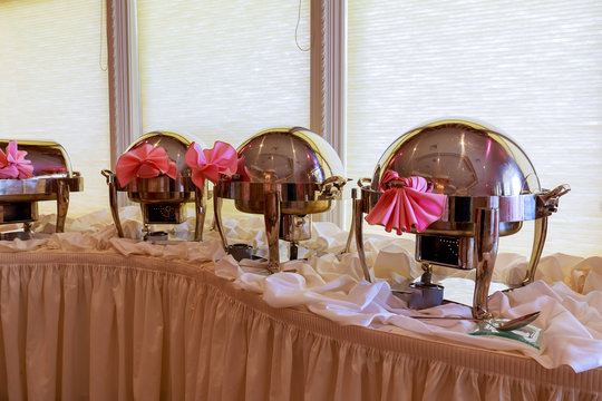 restaurant heated trays standing in line ready for service. restaurant, the hotel