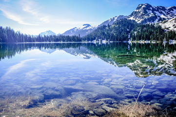 Fototapeta na wymiar Mountain reflection in the Tenquille Lake - British Columbia, Canada: July 2017 