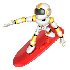 3D Yellow robot is riding a surf board to the left. Create 3D Humanoid Robot Series.