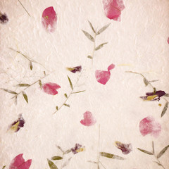 Mulberry paper background , petals and grass