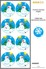 Winter, Christmas or New Year themed visual puzzle: Find two identical images of snowmen. Answer included.
