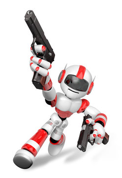 3D Red Robot Mascot holding a Automatic pistol with both hands. Create 3D Humanoid Robot Series.