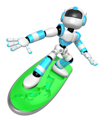 3D Cyan robot is riding a surf board to the left. Create 3D Humanoid Robot Series.