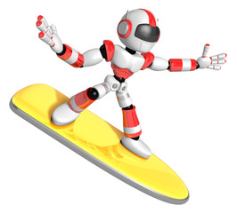 3D Red robot is riding a surf board to the Right. Create 3D Humanoid Robot Series.