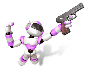 3D Purple robot jumping holding an automatic pistol. Create 3D Humanoid Robot Series.