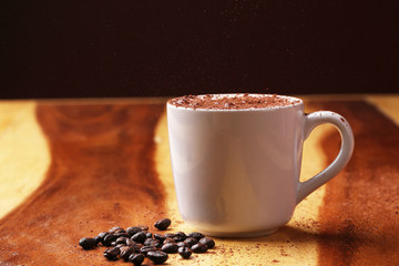 hot coffee on wood floor , mocha