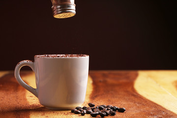 hot coffee on wood floor , mocha