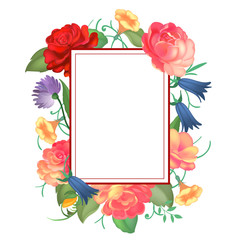 Postcard with a square frame of roses. Vector illustration