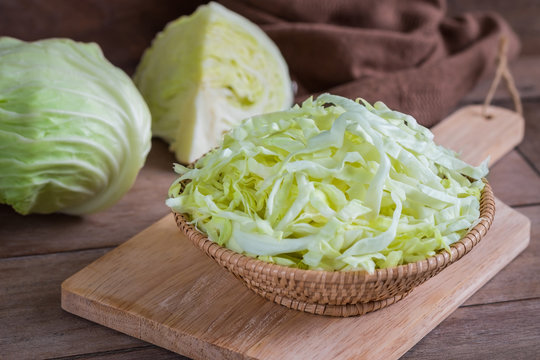 Fresh shredded cabbage in wicker basket