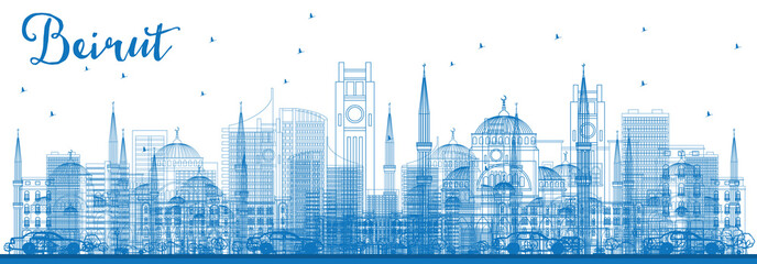Outline Beirut Skyline with Blue Buildings. - obrazy, fototapety, plakaty