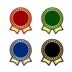 Award ribbons isolated set. Gold design medal, label, badge, certificate. Symbol best sale, price, quality, guarantee or success, achievement. Golden ribbon award decoration Vector illustration