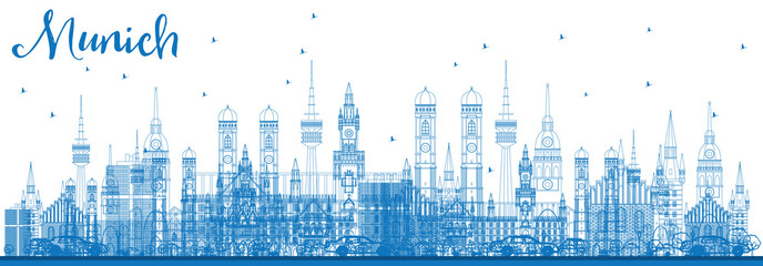 Naklejka premium Nakreśl panoramę Monachium z niebieskimi budynkami.