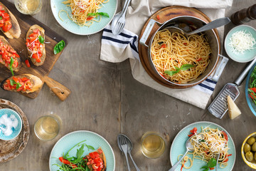 Frame of Italian pasta, snacks and white wine