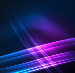 Energy lines, glowing waves in the dark, vector abstract background