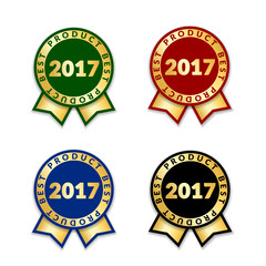 Ribbons award best product of year 2017 set. Gold ribbon award icon isolated white background. Best product golden label for prize, badge, medal, guarantee quality product Vector illustration