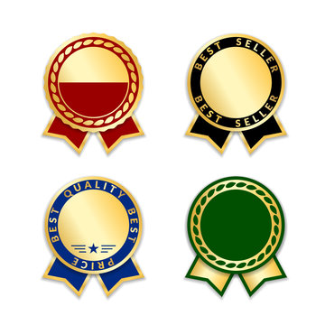 Award ribbons isolated set. Gold blue design medal, label, badge, certificate. Symbol best sale, price, quality, guarantee success, achievement. Golden ribbon award decoration Vector illustration