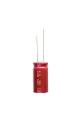 Red electrolytic capacitor Isolated on white background, Electronics part concept.