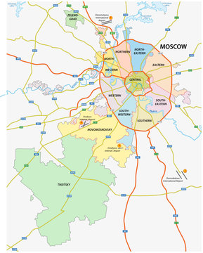 Administrative and political and road map of the Russian capital Moscow