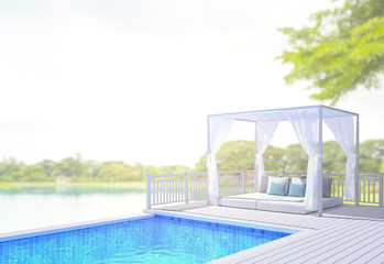 Fototapeta na wymiar Swimming Pool And Terrace Of Blur Nature Background