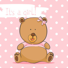 Greeting card with a bear on a pink background for a girl