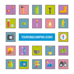 Collection of tourism anf camping flat icons for wem, print, mobile apps design