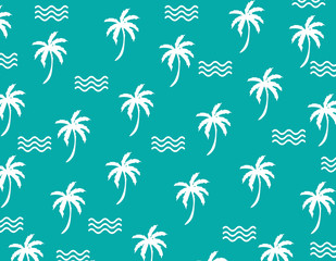 Background. Summer. Flat monochrome summer pattern. Wrapping paper summer pattern. Cute doodle summer pattern with palm tree and waves.