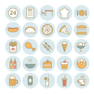 Set of 25 fast food outline icons. Linear icons for web design